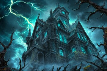 Obraz premium A sinister black vine-covered mansion, with thorny plants creeping up the walls under a stormy night sky