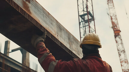 Construction worker lifting a steel beam at a building site. Strength and precision