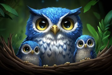 A stylized drawing of a mother owl with baby owls in a nest (Strigidae family)