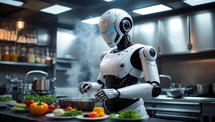 Fototapeta premium A robot with a sleek design skillfully chops vegetables in a contemporary kitchen. The atmosphere features steam rising and colorful ingredients ready for a gourmet dish.