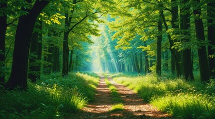 Obraz premium Peaceful Green Woodland Walk with Sunlight Filtering Down
