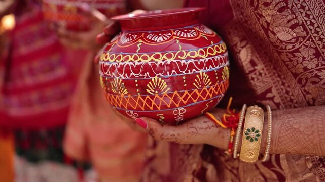 Decorated Ghada or Matka in Closeup, Indian Clay Pot - Hindu Wedding Ritual, Indian Wedding Ceremony Traditions