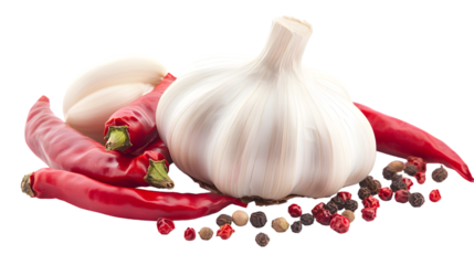 Fresh Garlic and Pepper Isolated on White Background for Culinary Designs