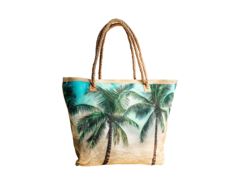 Beach bag with tropical palm tree print isolated on white or transparent background, summer beach vacations and holidays png cut out