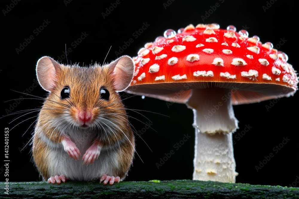 Poster a tiny mouse hiding under a mushroom during a light rain shower, with raindrops glistening on the ca