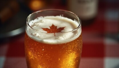 Chilled glass of amber beer with a foam top displaying a maple leaf motif standing on a red and white cloth evoking Canadian identity and tradition on Canada Day