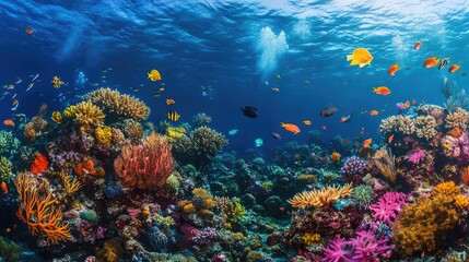 Healthy coral reef panorama showcasing vibrant marine life