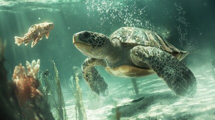 Obraz premium Sea turtle gracefully gliding through the ocean depths alongside a smaller fish