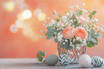 Delicate pastel spring arrangement with Easter eggs.