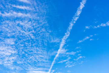 Contrails appearing in the sky in summer