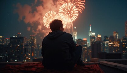 Obraz premium A man sits on a rooftop under a blanket watching large fireworks burst over Toronto’s skyline during a festive night celebrating Canada Day with city buildings lit up.