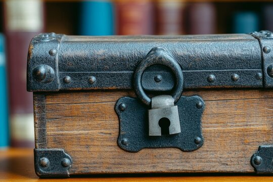 A vintage wooden trunk locked with a heavy iron padlock, sitting in a dusty old library