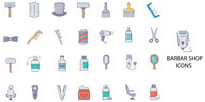 Barbar shop simple concept 28 color icons set. Contains such hair, beauty, bathroom, brush, sticker, face .Vector illustration.