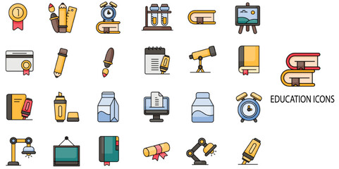 Education 24 color icons. Contain such books, pen, pencil, light, clock. Vector illustration.