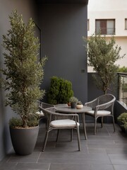 Fototapeta premium Balcony scene featuring stylish outdoor furniture and potted plants in a modern space