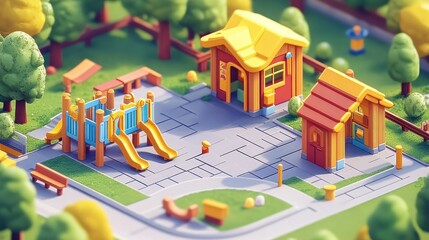 Obraz premium Playful park scene, colorful and detailed. Wooden structures, slides, and play equipment in a vibrant park setting