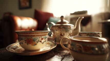 Fototapeta premium Elegant floral teacups and teapot set on a table, bathed in soft sunlight. A perfect moment of tranquility.