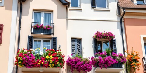 Modern European apartment balconies with vibrant flower boxes,  european style,  modern architecture