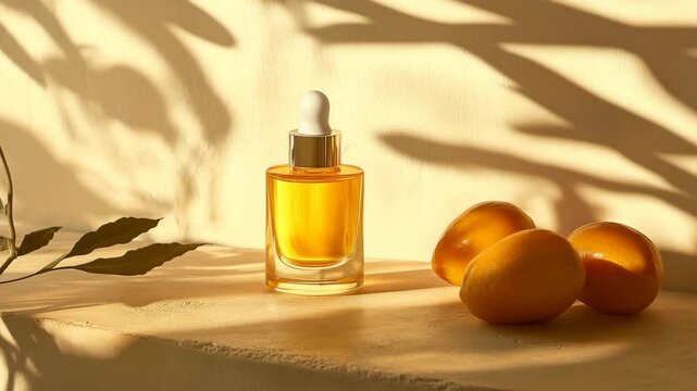 A bottle of perfume sits on a table next to a few marula fruits. The bottle is clear and has a gold rim. The marula fruits are arranged in a row, with one on the left, one in the middle, and two on th