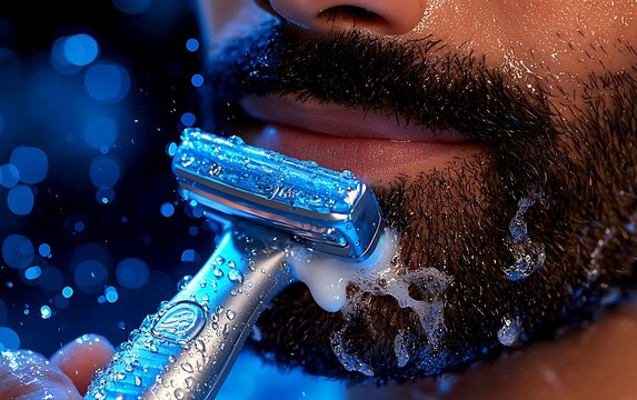 Close-up of man shaving beard with razor and water drops