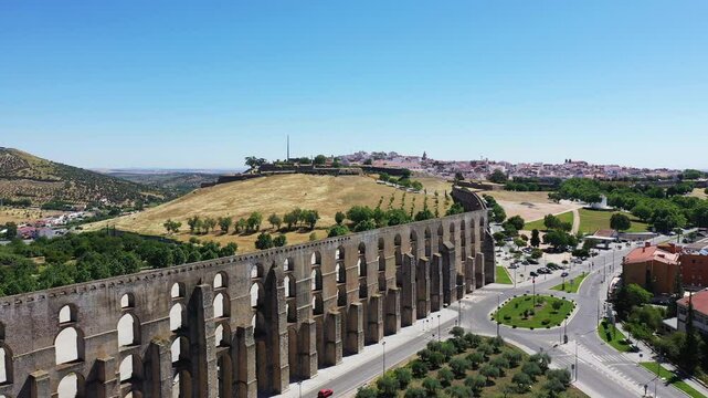 The majestic aqueduct of Elvas and its arches, in Europe, Portugal, Alentejo, Portalegre, in summer, on a sunny day.&nbsp;
