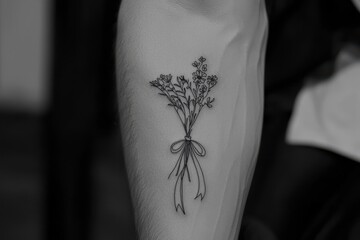 Obraz premium Wildflower Bouquet A tattoo of a small wildflower bouquet tied with a ribbon, drawn with fine black lines