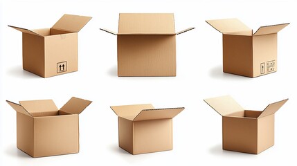 Fototapeta premium Cardboard boxes, various angles, open and closed