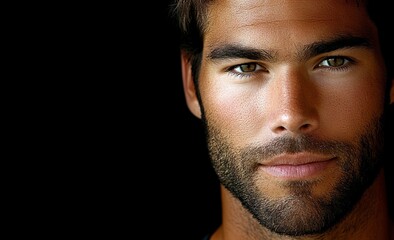 Obraz premium A bearded, serious-looking man with a stylish haircut, photographed against a black background, highlighting the importance of men's grooming and skincare routines