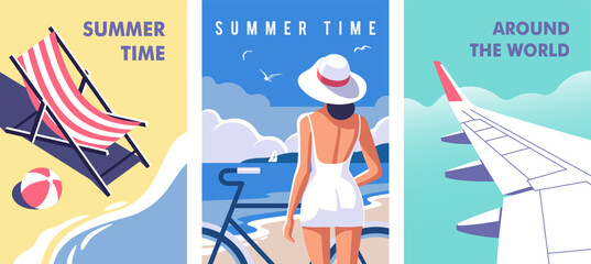A vibrant representation of summer featuring a beach chair, a woman in a hat by the shoreline, and an airplane, all capturing the essence of travel and leisure. Vector illustration.