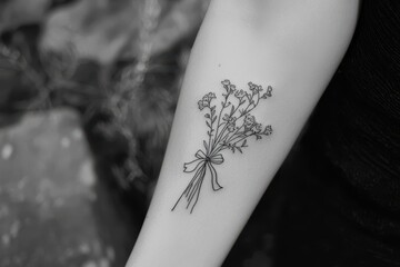 Obraz premium Wildflower Bouquet A tattoo of a small wildflower bouquet tied with a ribbon, drawn with fine black lines