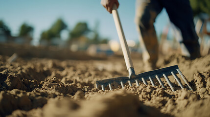 Construction worker manually leveling ground with a rake at a residential site. Highlighting groundwork preparation