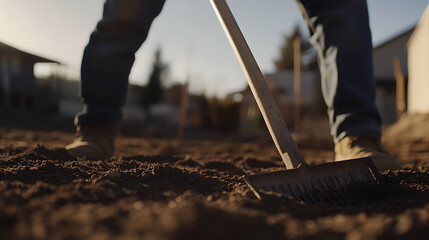 Construction worker manually leveling ground with a rake at a residential site. Highlighting groundwork preparation