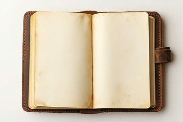 Open vintage leather journal, blank pages, white background, writing