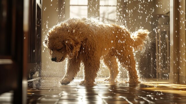 Golden Retriever in the Sunshower: A golden retriever, drenched and glistening, shakes off water droplets as sunbeams filter through a window.