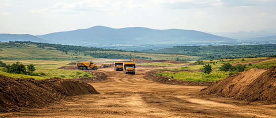 A vast landscape with trucks and distant mountains under a cloudy sky.