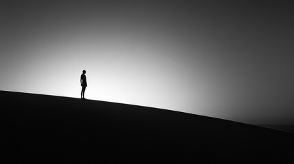 A lone silhouette stretches toward a radiant horizon, embodying solitude and boundless hope.
