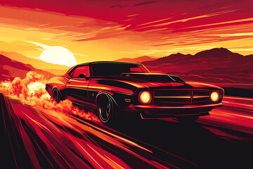Naklejka premium Speed and Power: A classic muscle car blazes through a fiery sunset, leaving a trail of smoke against a backdrop of mountains and open road. Embodying raw horsepower and vintage allure.