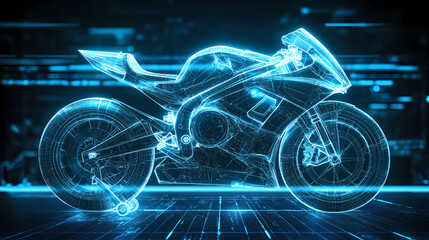 Cyberbike: Futuristic wireframe motorcycle design, glowing with vibrant blue digital energy, set against a dark tech background. 