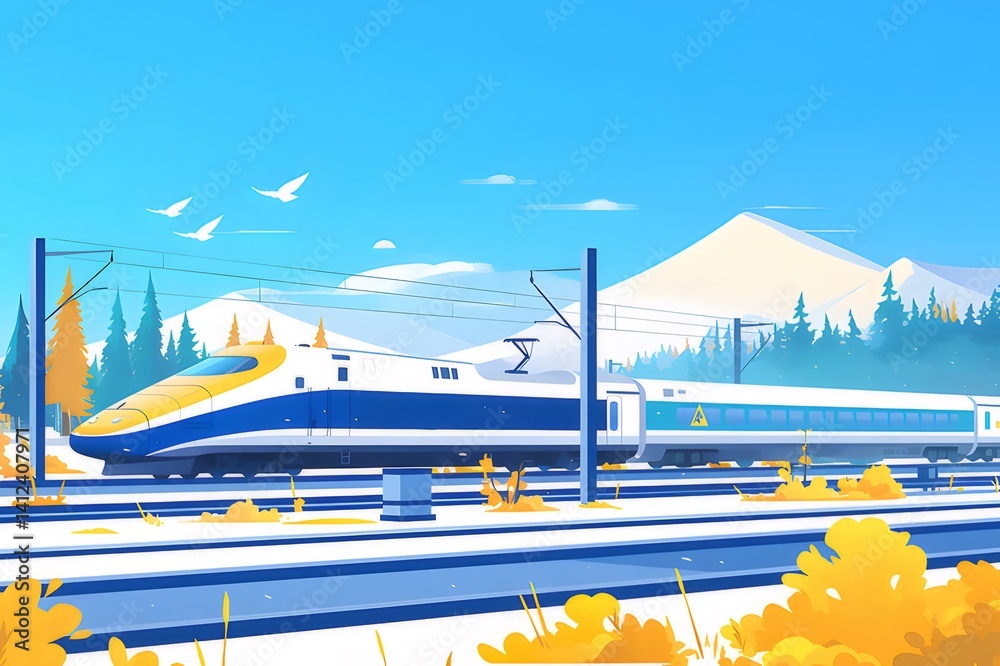 Aufkleber 高速鉄道が雪景色の中を走る鮮やかな青と白のデザインイラスト 青い空と背景に山々と木々