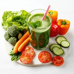 A refreshing green vegetable smoothie in a glass with carrots, tomatoes, cucumbers, bell peppers, broccoli, and lettuce on a wooden board.