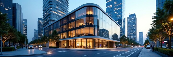 Obraz premium Modern office building with sleek curved glass exterior in urban cityscape, white, architecture, city