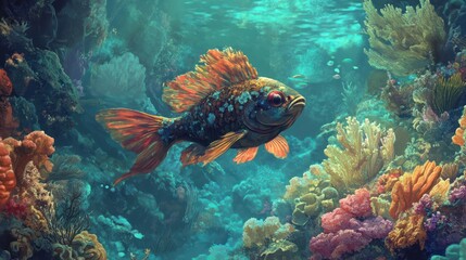 Fototapeta premium A fantastical fish gracefully swims amid vibrant coral formations beneath the sea