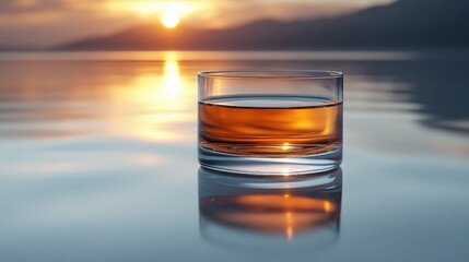 Whiskey Glass Reflecting Sunset on Water Surface with Golden Tones and Tranquil Atmosphere