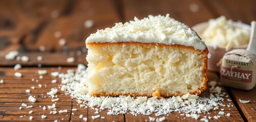 Moist, fluffy coconut cake slice with white chocolate shavings on rustic wood, background, white chocolate