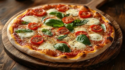 A classic Margherita pizza, with fresh mozzarella, basil leaves, and ripe tomatoes on a thin crust, slightly charred edges, rustic wooden pizza peel underneath.