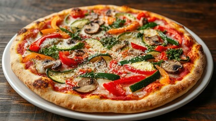 A gourmet vegetarian pizza, with grilled vegetables like bell peppers, zucchini, and mushrooms, on a whole wheat crust, sprinkled with parmesan cheese, served on a white ceramic plate.