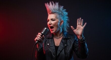 Elderly caucasian female punk rock singer with spiky hair and microphone in action.