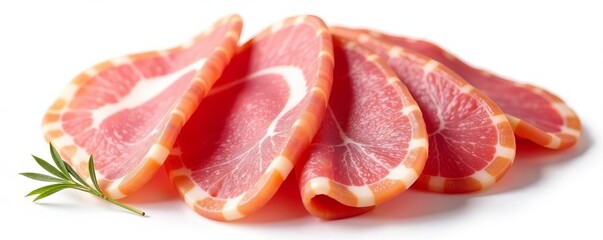 Mouthwatering ham slices with perfect marbling, isolated on white, savory, white background, top view