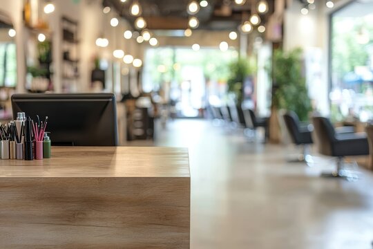 The interior of a beauty salon features a computer situated on the reception desk