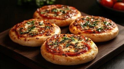A mini personal pizza, cute and small, with simple tomato sauce and mozzarella, perfect for one serving, presented on a small wooden board.
